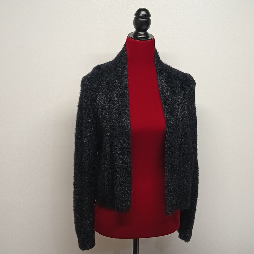 Calvin Klein black Open Front women’s cardigan sz large Fuzzy shrug EUC. - Picture 5 of 11